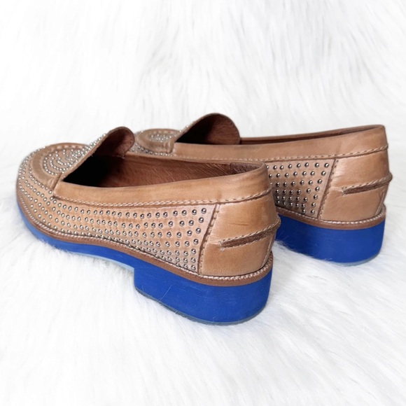 Jeffrey Campbell Tan Leather Silver Studded Blue Sole Slip On Chunky Loafer Flat - Picture 4 of 14